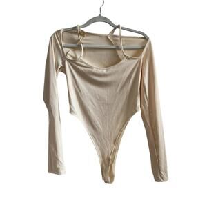 NWOT Women's Ribbed Beige Tan Cold Shoulder Spaghetti Strap Bodysuit Large